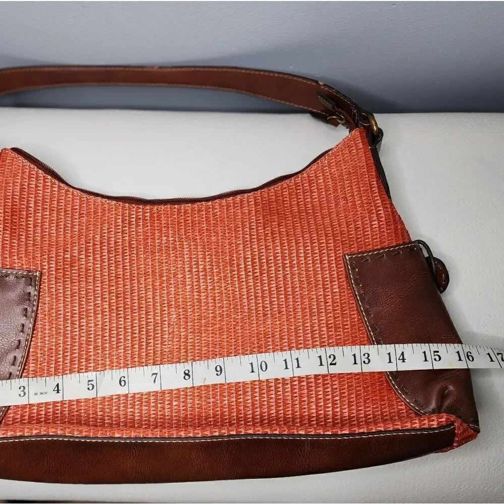 Fossil Woven Straw Brwn Leather Hobo Boho Tote Shoulder Hand Bag Purse 75082